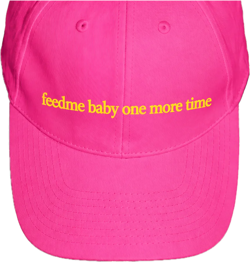 Pink cap embroidered in yellow: feedme baby one more time