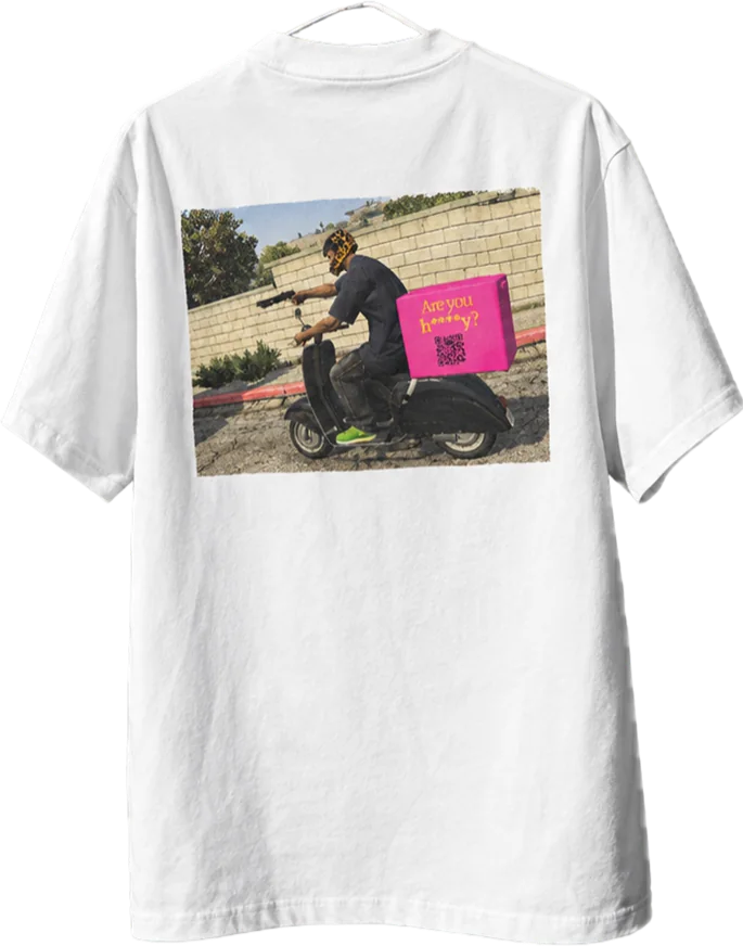 White t-shirt, back print: a courier on a scooter with a pink FeedMe box